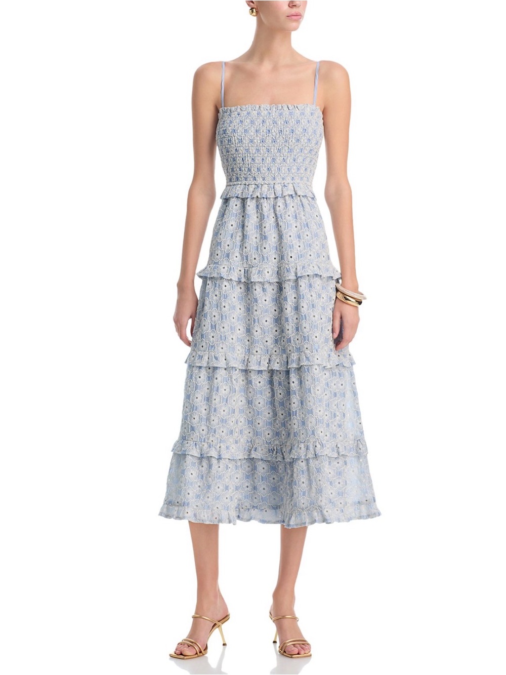 Aqua Light Blue Smocked Eyelet Tiered Midi Dress